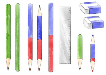 鉛筆と消しゴムのイラスト　手描き　水彩風