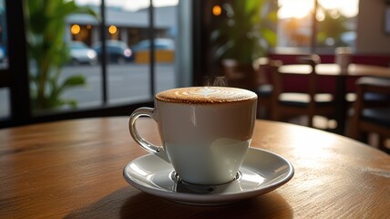 Obraz premium Hot latte coffee put on table in cafe restaurant drink breakfast in the morning day