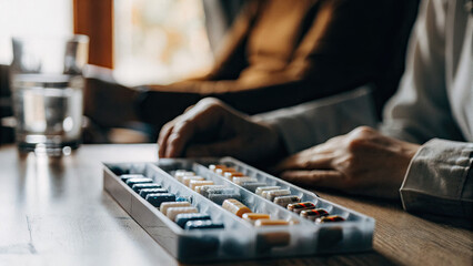 Colorful capsules in a pill organizer on a wooden table, representing daily medication routine and health management for chronic conditions.