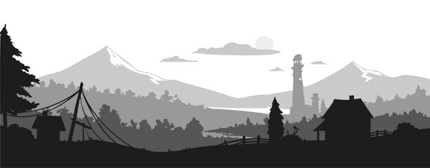 Obraz premium Mountain Village Silhouette Landscape