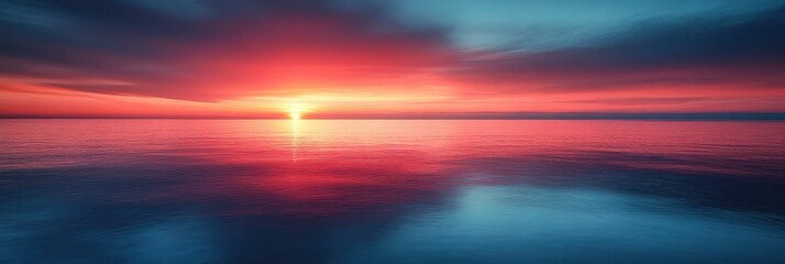 Naklejka premium Bright colors illuminate the sky as the sun sets over a tranquil ocean. Waves gently lap against the shore, creating a serene atmosphere at dusk