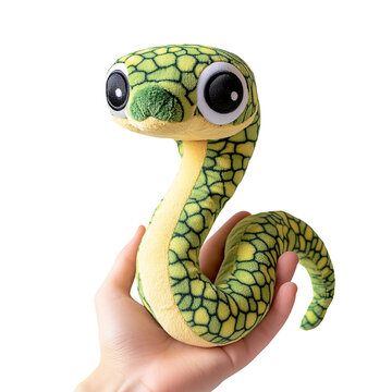 adorable plush toy snake with big eyes and a long tail, featuring a green and yellow patterned skin