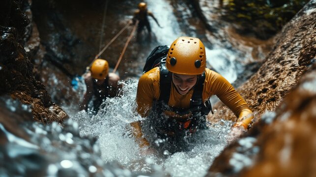 Canyoneering Adventure: Thrilling Descent Through Rocky Waterfall