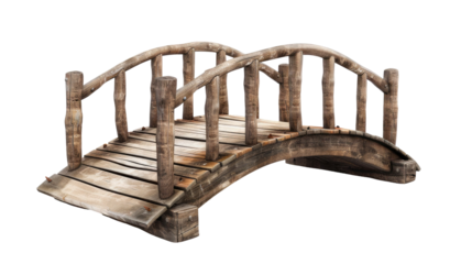 old wooden foot bridge isolated on transparent white background, clipping path