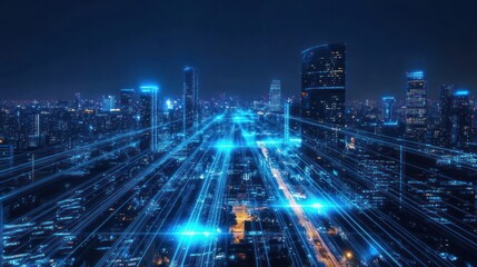 Fototapeta premium Futuristic city night view, aerial perspective, digital lines, technology, urban landscape, high-rise buildings, illuminated streets, photo for stock use