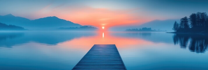 Morning light breaks over a serene lake, illuminating the sky in warm colors. A wooden pier leads into the still water, reflecting the soft hues and the distant mountains shrouded in mist