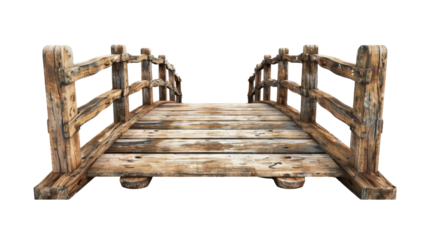 old wooden foot bridge isolated on transparent white background, clipping path