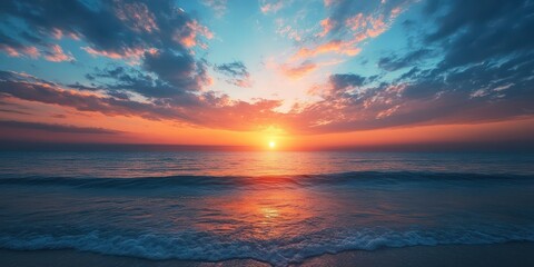 The sun sets on the horizon, casting vivid colors across the sky and reflecting on the gentle ocean waves. Soft clouds add depth to the tranquil beach atmosphere as night approaches