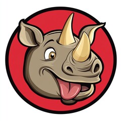 Smiling cartoon rhinoceros head featuring two large forward horns