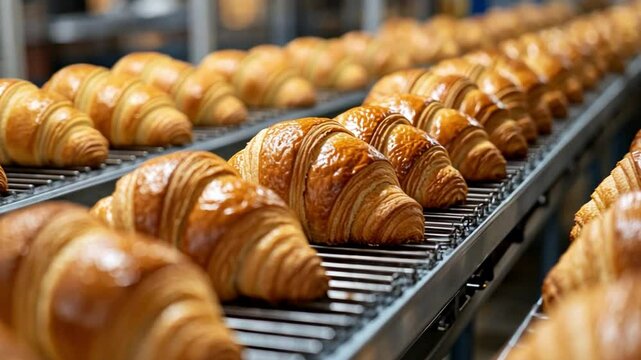 Fresh Croissants on Conveyor Belt: Rows of golden, freshly baked croissants move along a conveyor belt in a modern bakery, showcasing the production process of this popular pastry.