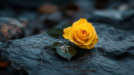 A Single Yellow Rose Rests Upon Dark Stone