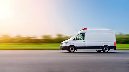 White Emergency Van Moving Fast On Road At Sunrise