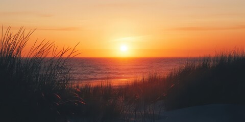 Fototapeta premium The sky glows in shades of orange and pink as the sun sets over gentle waves. Grassy dunes frame the beach, creating a serene atmosphere in the evening light