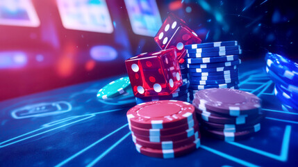 Colorful poker chips and dice stacked on a casino table.