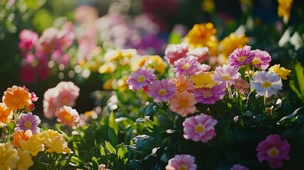 Obraz premium 40.A beautiful garden background showcasing a colorful array of flowers in full bloom, capturing the essence of spring. The flowers, in shades of pink, yellow, and purple, fill the frame, while lush