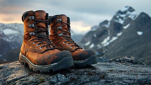 Sturdy hiking boots for outdoor adventures on rocky mountain terrain, showcasing durability in breathtaking nature landscapes.