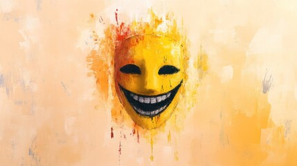 Man wearing smiling face mask on pastel background, representing hidden feelings and mental disorder