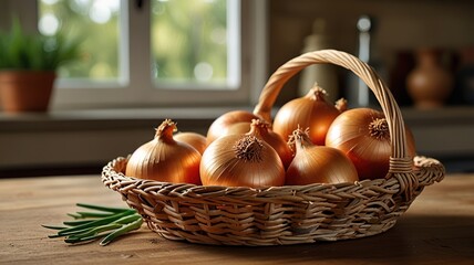 Fresh onion in basket on kitchen table