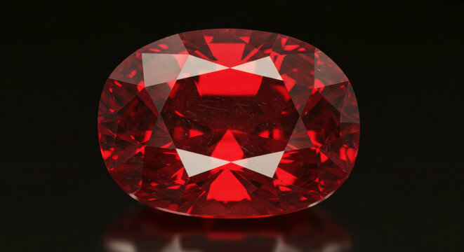 Exquisite oval red ruby gemstone with striking facets on a dark background

