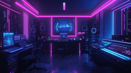 Neon-lit Music Studio: A Cyberpunk Haven for Audio Production
