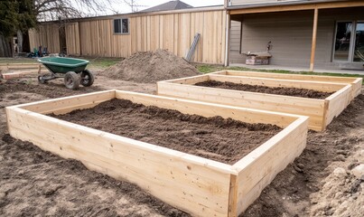 The process of building, preparing, and filling wooden raised garden beds with soil in the backyard of a rural house, local gardening, and growing natural produce, AI generated