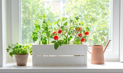 Fototapeta premium Growing tomatoes and other vegetables on the windowsill, windowsill farming, eco-friendly and healthy local homegrown products, healthy nutritious food, AI generated