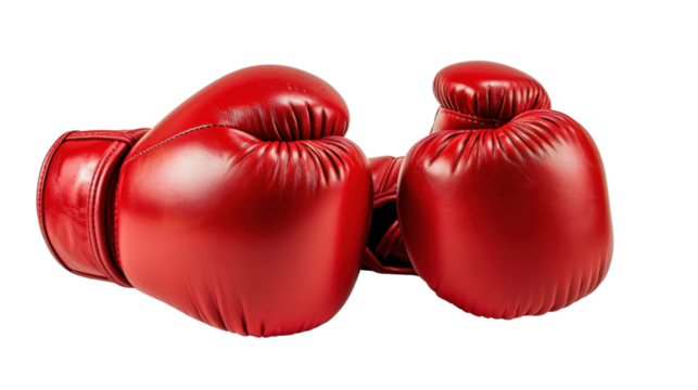 Pair of red boxing gloves ready for fighting on transparent background