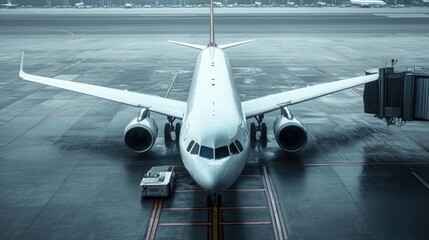 Mockup of a passenger airplane at an airport gate, with clear branding space on the fuselage. Clean and professional visual for travel-related marketing
