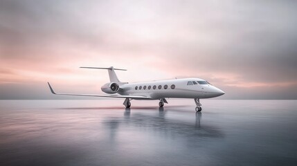 Obraz premium Modern private jet mockup with blank space on the side for logo placement, set against a soft gradient sky. Ideal for luxury travel or private airline branding