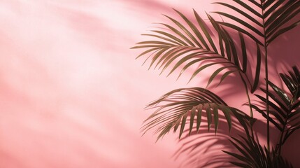 Palm leaf silhouettes forming blurred shadows on a smooth pink wall, creating a soft, warm atmosphere perfect for promoting beauty, fashion, or lifestyle products