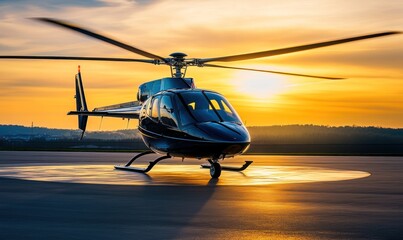 A luxurious sparkling private helicopter in the rays of the sunset, an epic photograph of VIP air transportation, AI generated