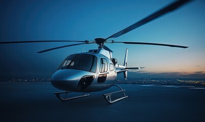 A luxurious sparkling private helicopter in the rays in the night on a airdrome, an epic photograph of VIP air transportation, AI generated