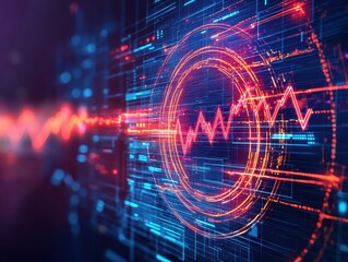 Fototapeta premium Abstract Digital Illustration of Fluctuating Red Data Line Graph in Glowing Circular Interface on Complex Technological Background of Circuitry