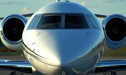 A luxurious private plane or jet on the runway, close-up shot of part of the aircraft's fuselage with engines, an epic photo of the vehicle, AI generated