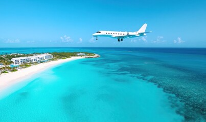 Fototapeta premium A private plane, jet, or charter flying over the coastal shoreline, top-down view of the panoramic landscape of a tropical resort city, an epic photo of air transport and the ocean, AI generated