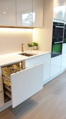 Modern minimalist kitchen with sleek white cabinetry, integrated appliances, quartz countertop, copper faucet, and stainless dishwasher drawer visible.