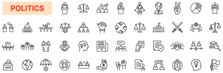 Politics & Government Icon Set – Elections, Voting, Debates, Lawmaking, Political Campaigns, Democracy, Governance, Global Policies, Protest, Political Parties