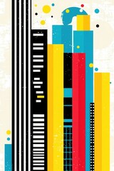 Abstract cityscape illustration featuring vibrant vertical shapes and bold colors