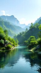 Serene River with Mountains and Forest