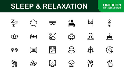 Modern Sleep and Relaxation Icon Set Vector Illustration. Featuring Essential Symbols for Rest, Calm, and Comfort