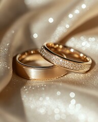 Diamond-Studded Gold Engagement Ring. Gold Wedding Ring, Gold Couple Ring, Elegant Gold Engagement Ring for Lovers. Elegant wedding rings on shimmering fabric.