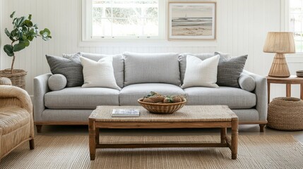 Minimalist living room with gray sofa, wooden coffee table, and rattan lamp, embodying modern simplicity and natural elegance.
