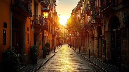 Fototapeta premium Quiet streets of Pamplona early in the morning with its historical buildings and winding roads captured with a prime lens