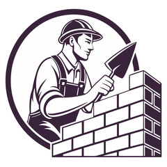 Bricklayer illustration, construction worker logo, vector clipart for building industry branding