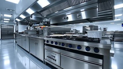Modern Stainless Steel Kitchen: An expansive, professional kitchen gleams with stainless steel appliances and fixtures, exuding cleanliness and efficiency, ready for culinary creations.
