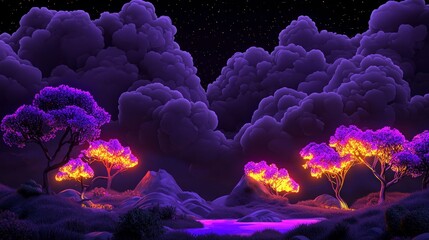 Obraz premium Glowing Trees Night Landscape Fantasy Art Purple Clouds Bokeh HDR Ultra HD