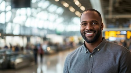 Fototapeta premium Confident man smiling in airport, exuding positivity and readiness for travel.