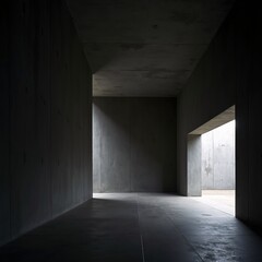 Obraz premium Empty dark room with light from a window, long corridor and hallway, old building interior with concrete floor and walls, no people, dimly lit entrance and door