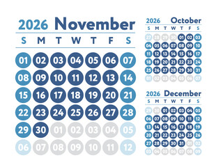 November 2026 calendar. New year planner design. English calender. Blue color vector template. Week starts on Sunday. Business planning.