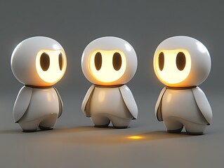 Three Illuminated White Robot Figurines With Glowing Heads